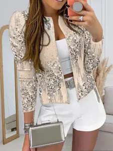 CF Sequin puff sleeve cropped jacket, soft luxury sweet-cool style, exquisitely enhances temperament, suitable for light parties, date outings, weekend hangouts, and other occasions.