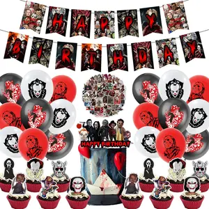 Horror Movie Party Decorations Kit,Horror Party Decorations Kit,Halloween Birthday Party Decorations Include Halloween Banners Latex Balloons Sticker Cake Cupcake Toppers for Boy Girls Halloween Gift