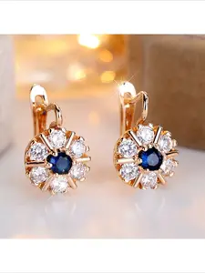 Luxury Hot Selling European American Style Round White Diamond Zircon Flower Ear Cuffs With Sapphire Blue Diamond Center Elegant Temperament Versatile Dangle Earrings For Women Daily Dating Party Wear