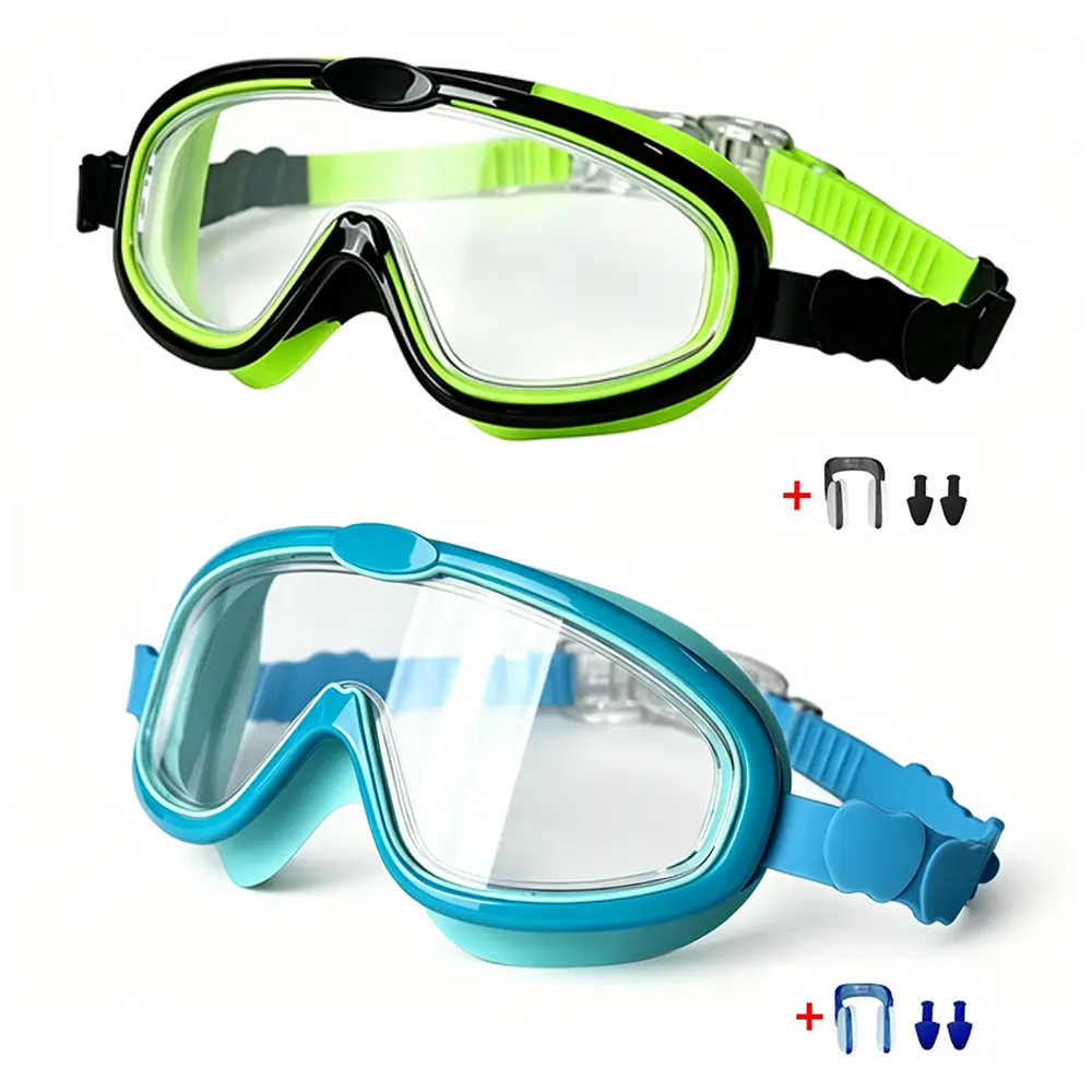 2 Pack Children Swimming Goggles, Anti-UV Anti-Fog Shatterproof Lens Fully Adjustable Waterproof Pool Swim Goggles with Nose Clip Ear Plugs for Toddlers Kids Youth 3-15