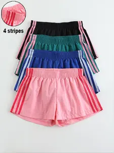 4 Pcs Summer New Sports Style Side Stripe Casual Shorts, Beach Wind Elastic Waist Stretch Women's Athletic Short Pants