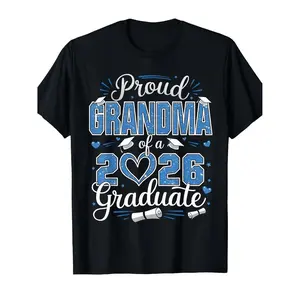 Unisex Adult Proud Grandma Class of 2026 Graduation T-Shirt, Short-Sleeve Round Neck Top, Retro Cap & Diploma Blue-White Print with Golden Lettering, Heavyweight Pure Fabric, All-Season Comfort Fit, Casual Streetwear