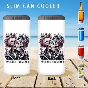 1pc/12oz/350ml,Slim Can Cooler,Insulators,Portable,Doucle-Walled Stainless Steel Insulated Slim Cans,2-in-1 Insulated Can Cooler Cup,Forever Together Skeleton Lovers Design,Perfect For Seasonal Holiday Celebrations,Valentine's Day Gifts