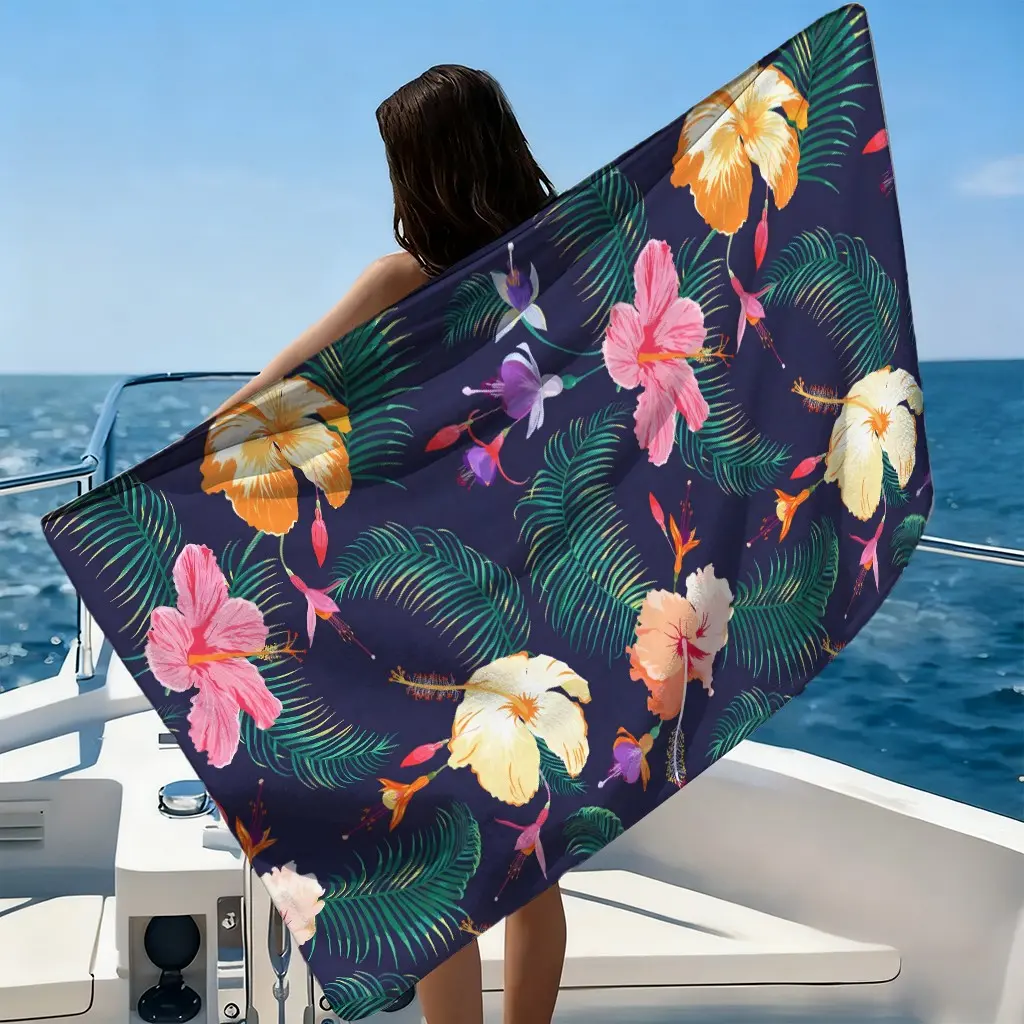 1pc Bamboo Back Flower Pattern Beach Towel, Digital Print Microfiber Super Absorbent Towel, Reusable for Beach, Travel, Swimming