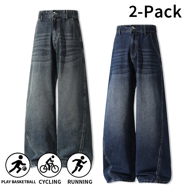 2-Pack Men's Retro Wide-Leg Jeans, High-Waisted Loose Baggy Denim Pants in Black & Light Blue for Vintage Streetwear, Menswear, Trouser, Set, Straight, Baggy Jeans, Vintage Clothing, Stylish, 90S Denim Men's Jeans
