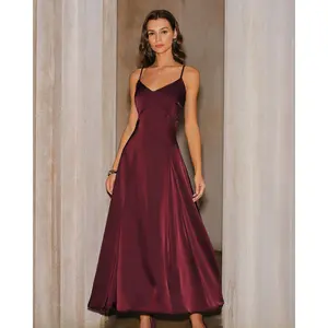 Rihoas Women's Elegant Solid Wine Red Smooth Polyester Fabric Spaghetti Strap A-Line Satin Slip Maxi Dress Skirt - Party, Formal Wear for Traditional Festival Casual Occasions