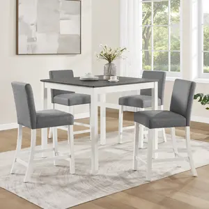 5-Piece Counter Height Table Set with 4 Chairs, Wooden Dining Set for Kitchen & Dining Room, Light Grey & Black / Grey & White