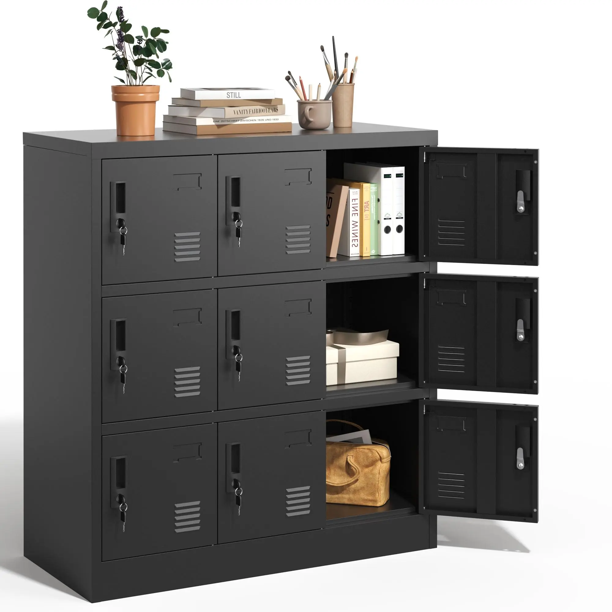 Employee Storage Locker,9 Door Storage Locker,Metal Locker for Employees Office Steel Gym Lockers with Card Slot,Office Storage Lockers for Home,School(Black)