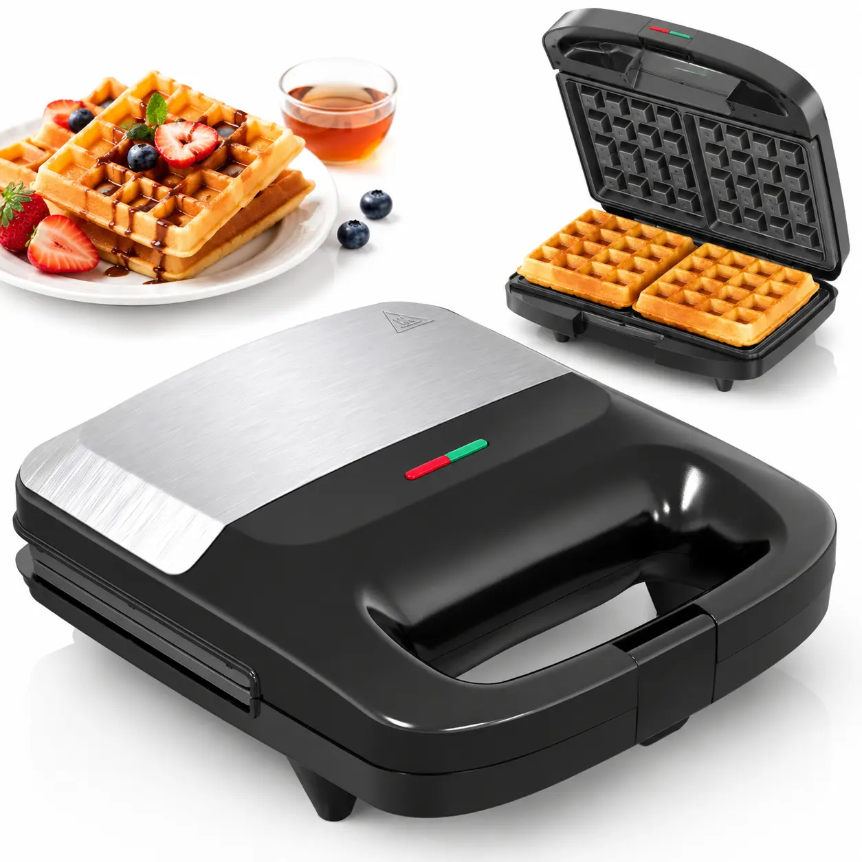 Sunvivi 3-in-1 Breakfast Sandwich Maker (Sandwich Toaster, Panini Press & Waffle Iron) - 800W Fast Heat Aluminum Nonstick Griddle, Removable Non-Stick Plates,  Indicator Lights, Easy Clean, Thoughtful Gift for Home Breakfast cool touch handle