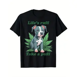 Cotton short-sleeve T-shirt, printed with the design "Life's Ruff Take A Puff Pitbull Weed", black, 100% cotton, suitable for men, fathers, friends, available in sizes S-5XL, street style casual graphic T-shirt