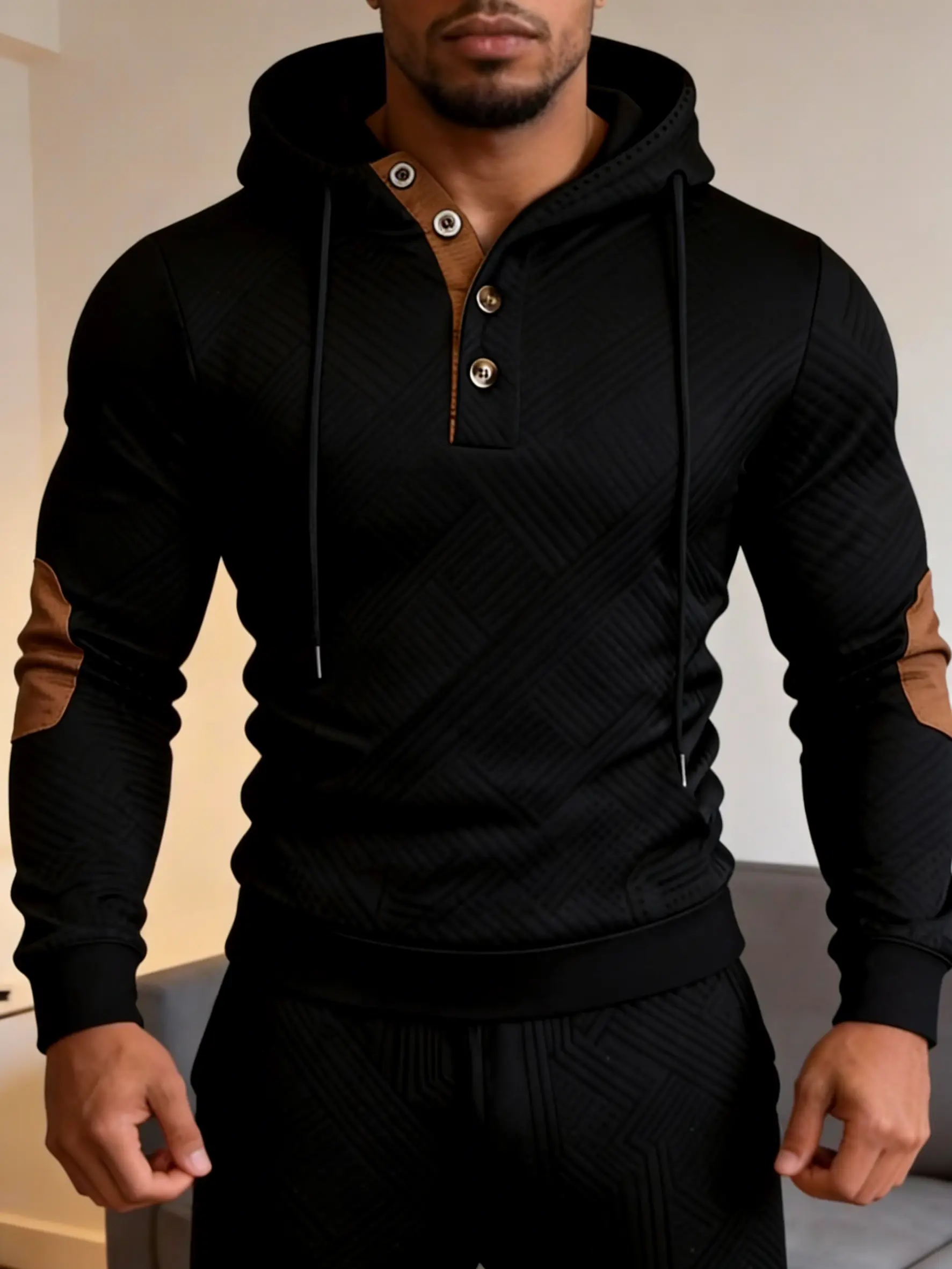 Men's Slim Fit Jacquard Hooded Sweatshirt - Stretch Casual Pullover with Henley-Style Button Placket, Athletic Streetwear