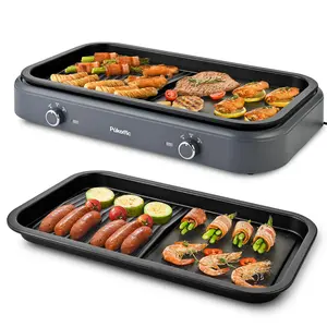 Pukomc 2-in-1 Reversible Non-Stick Grill Plate & Griddle Electric Indoor Grill with Adjustable Temp Detachable Design Dishwasher Safe Oil Drip Tray Stainless Steel Grilling 1500W Power
