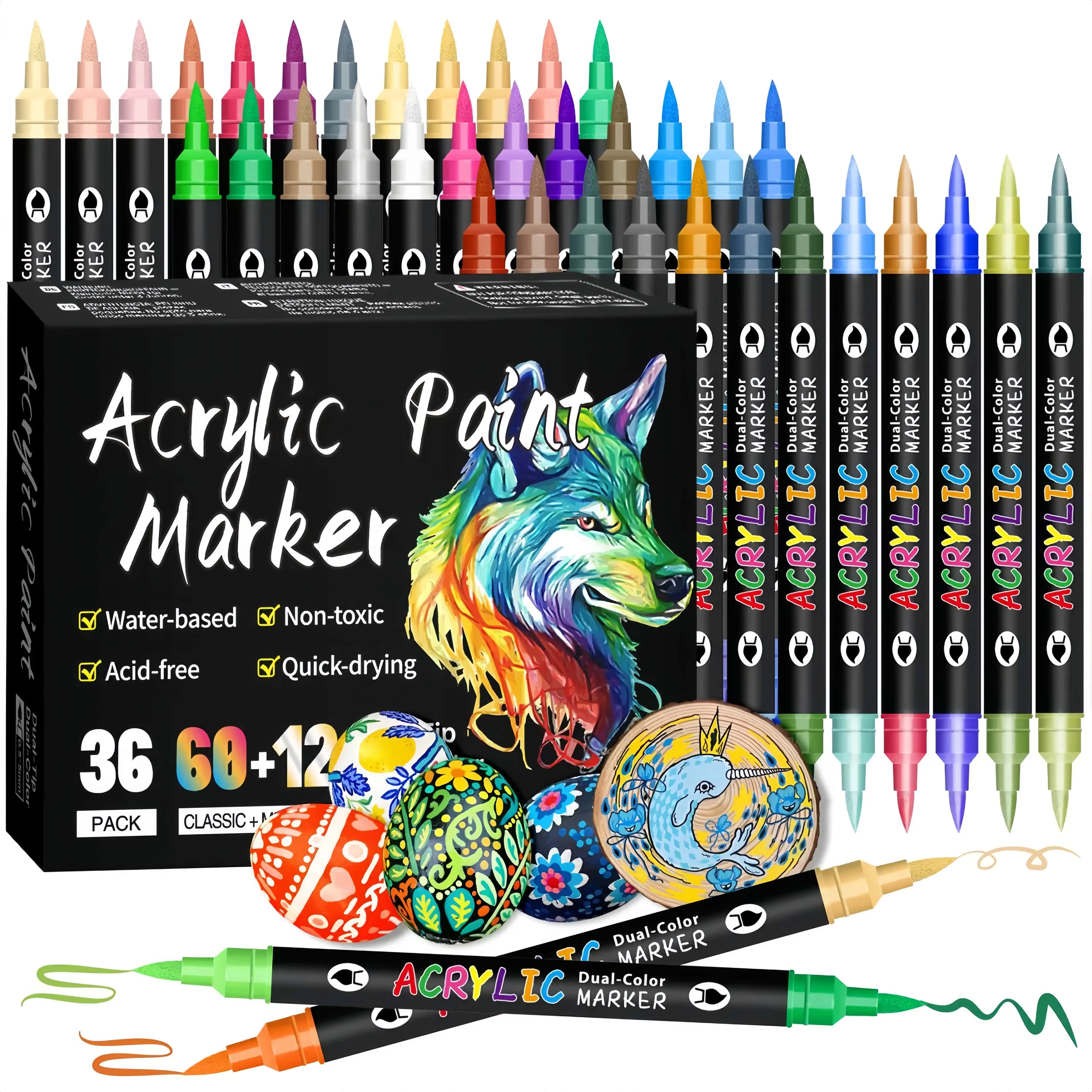 Acrylic Paint Marker Set - 24/48/72/144 Colors Dual-Tip Pens, Waterproof Ink Acrylic Brush Markers & Highlighters for Rock Painting, Canvas, Art Craft Coloring Supplies (Office Stationery Writing Tool), Art Marker Set, Brush-Tip Markers & Highlighters