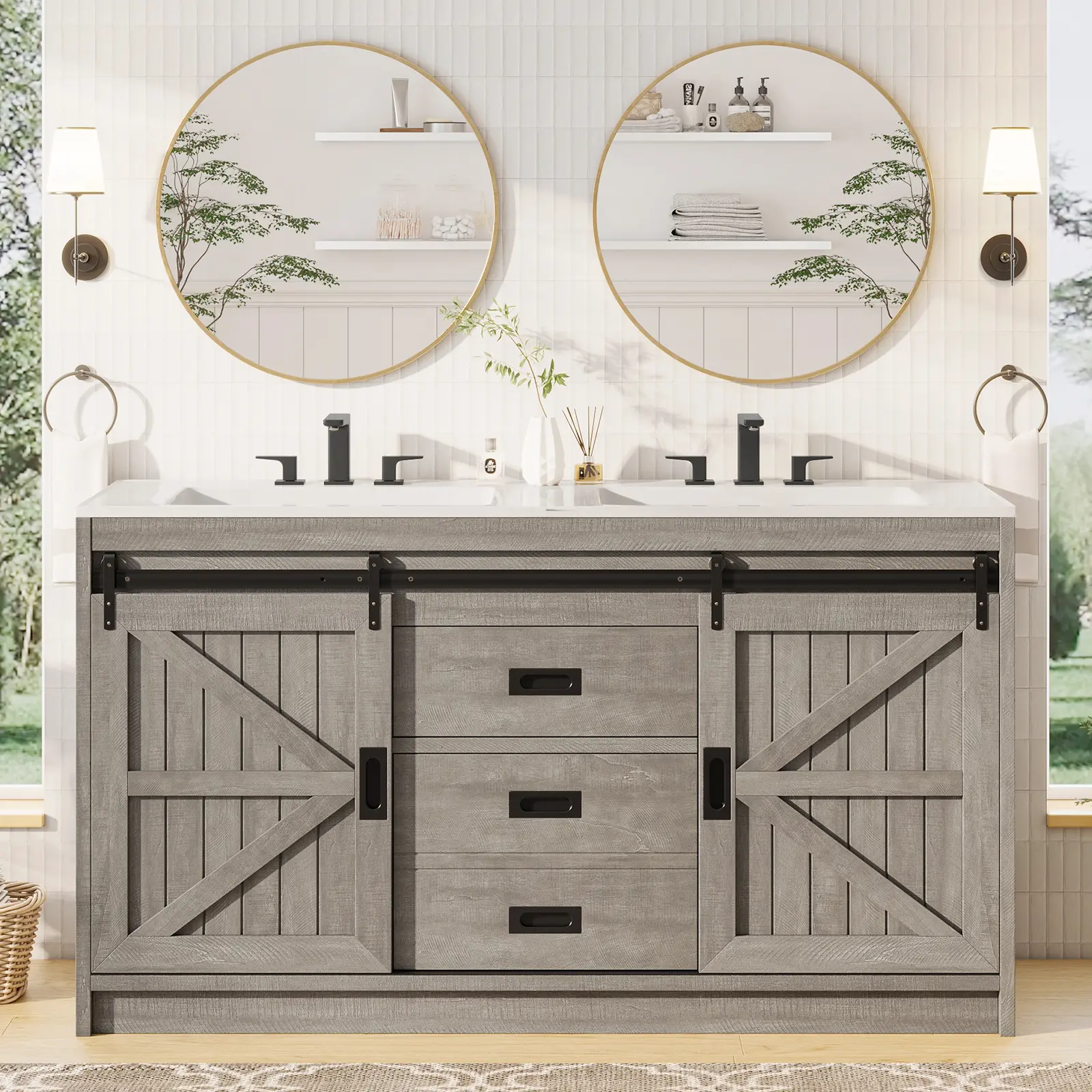 [Ships in 2 Boxes] VanAcc Double Farmhouse Bathroom Vanity with Sink, 61in Sliding Barn Door Bathroom Storage Cabinet with Sliding Doors & Drawers, Cupboard with Dual Basin