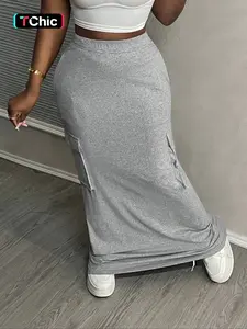 Women's casual Chic Basic high waist pocket hip straight long gray Fit skirt, suitable for street, daily leisure, outdoor activities, holidays, club parties, office wear