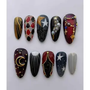 Handmade Celestial Circus Press On Nails | 3D Pearls, Crescent Moon, Stars & Gold Accents | Burgundy Black Oval Nails For Festive Vibe