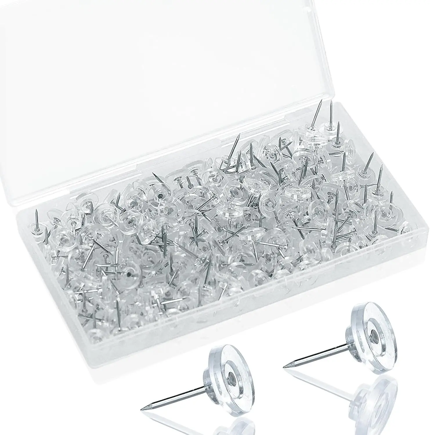 200 Pack Clear Push Pins  Thumb Tacks for Bulletin Boards, Cork Boards, Wall Displays  Flat , Heavy Duty Plastic,  Storage Box Included