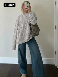 Women's Plain Basic Crochet Cable Knit Crewneck Sweater, Casual Fit Drop Shoulder Long Sleeve Jumper for Fall & Winter, Women's Knitwear for Daily Wear, Everyday, Womenswear, Tops