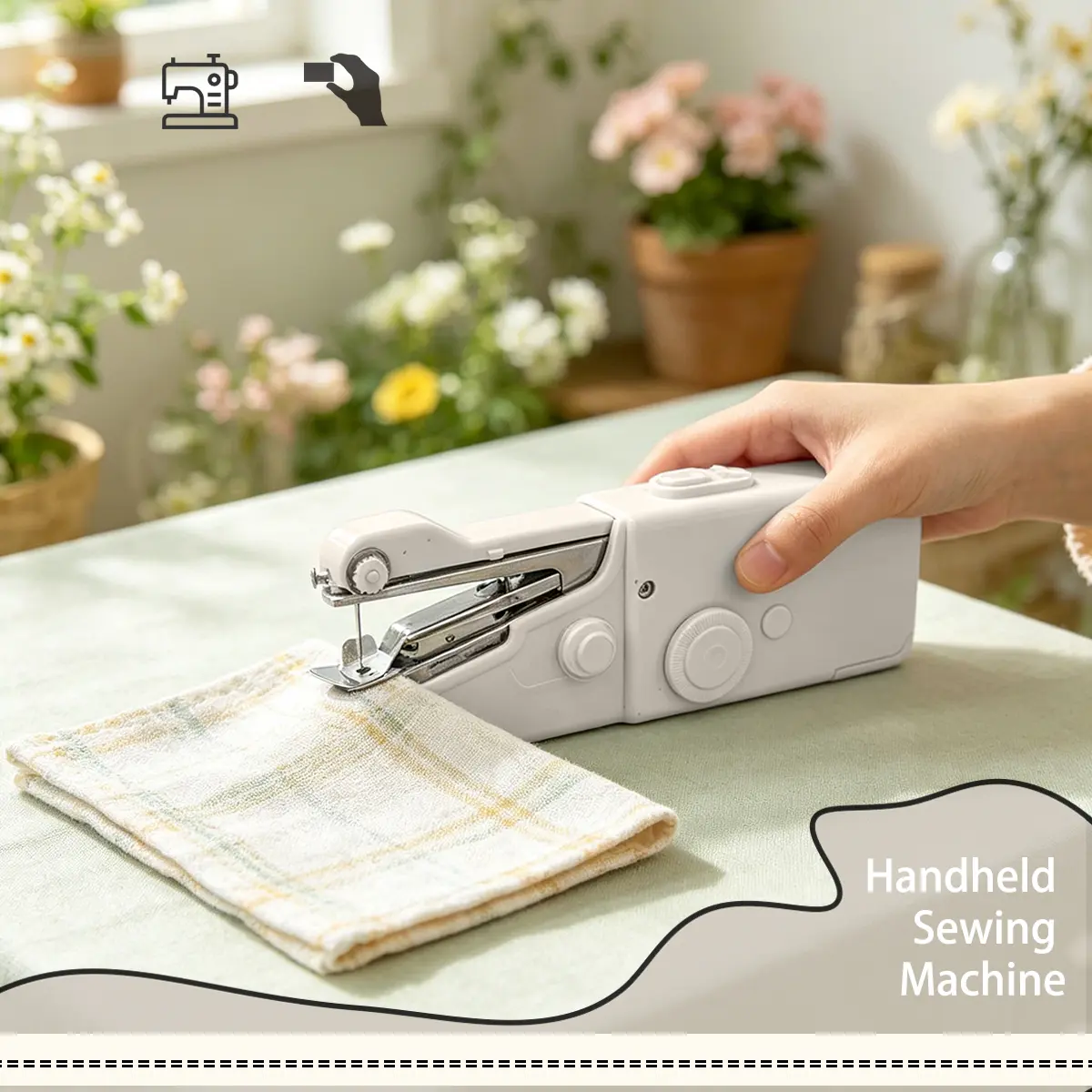 Handheld sewing machine for home use; small handheld electric portable mini simple manual sewing machine—ideal for mending clothes.