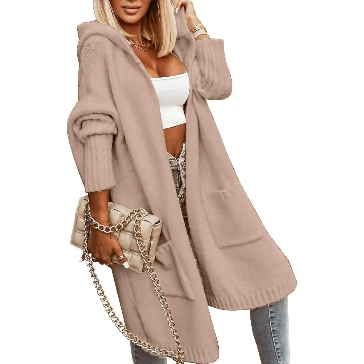 Lannew Womens Long Cardigans Cable Knitted Open Front Oversized Hooded Outerwear Sweater Coa