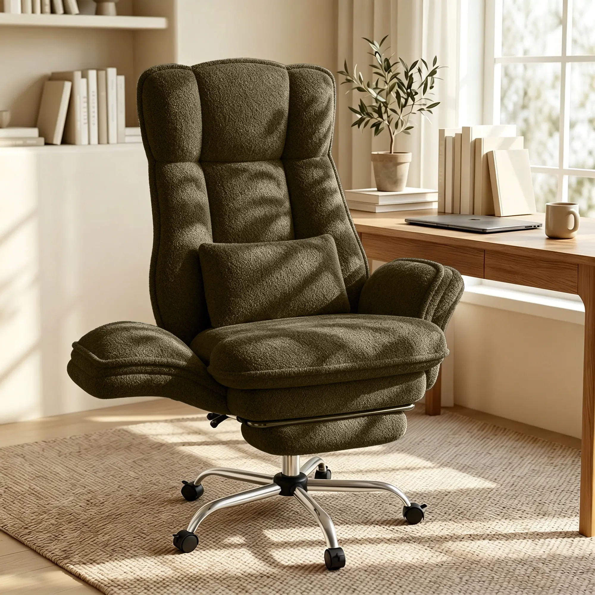 Big and Tall Reclining Office Chair with Footrest , Soft Boucle Desk Chair with 90°-135° Tilt, 5 Position Adjustable Armrest & Extra Thick Cushion, Comfy Cross Legged Computer Chair