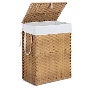 Laundry Basket with Lid, 110 L Hand-Woven Pp Rattan Laundry Basket with Compartments & Handles, Foldable, Removable Liner Metal Organiser Cotton Waterproof