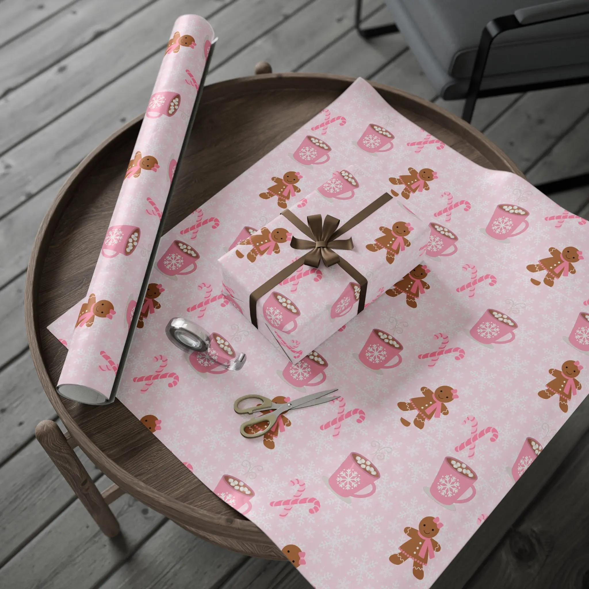Christmas Wrapping Papers - Pink Gingerbread Xmas Gift Wrap, Holiday Present Decor, Festive Packaging Supplies, Cute Cookie Pattern,