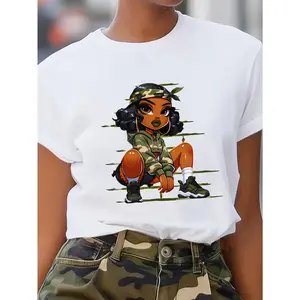 Women's Casual Cool Graphic T-Shirt - Short Sleeve Crew Neck Camouflage Print 100% Cotton Streetwear Perfect for Spring & Summer Ladies T Shirts