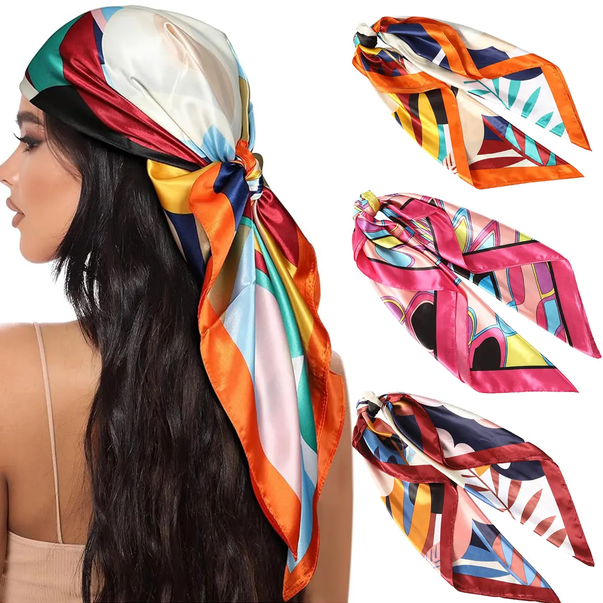 AWAYTR Women's 3Pcs/Set 35in Large Square Silk-Feeling Scarf - Casual Soft Shawl, Fashion Hair Scarves, Scarf Head Wrap - Business, Thanksgiving Accessories - Turban, Hair Kerchief - Ideal for Dating, Travel - TikTokShopBlackFriday Summer Wins