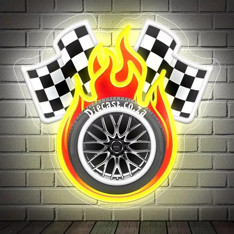 Flame Racing Wheel Hub Neon Lights, Racing Checkered Flag Decorations, Racing Wheel Hub Shaped Lighting, LED Wall Neon Signs for Bars, Bedrooms, Game Rooms, Children's Rooms, Party Decorations