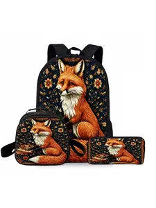 Beautiful fox print backpack three piece set lunch bag pencil case backpack