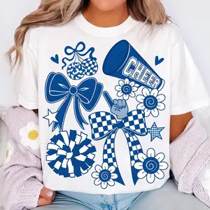 [Sale off up to 50%] Preppy Cheerleader Coquette T-Shirt – Bleu Cheer Mom Shirt – Cheer Season Shirt – Cute Bow Cheerleading Tshirt – Team Spirit Graphic
