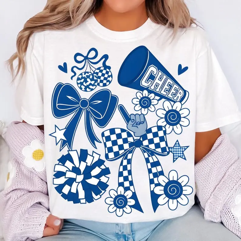 [Sale off up to 50%] Preppy Cheerleader Coquette T-Shirt – Bleu Cheer Mom Shirt – Cheer Season Shirt – Cute Bow Cheerleading Tshirt – Team Spirit Graphic