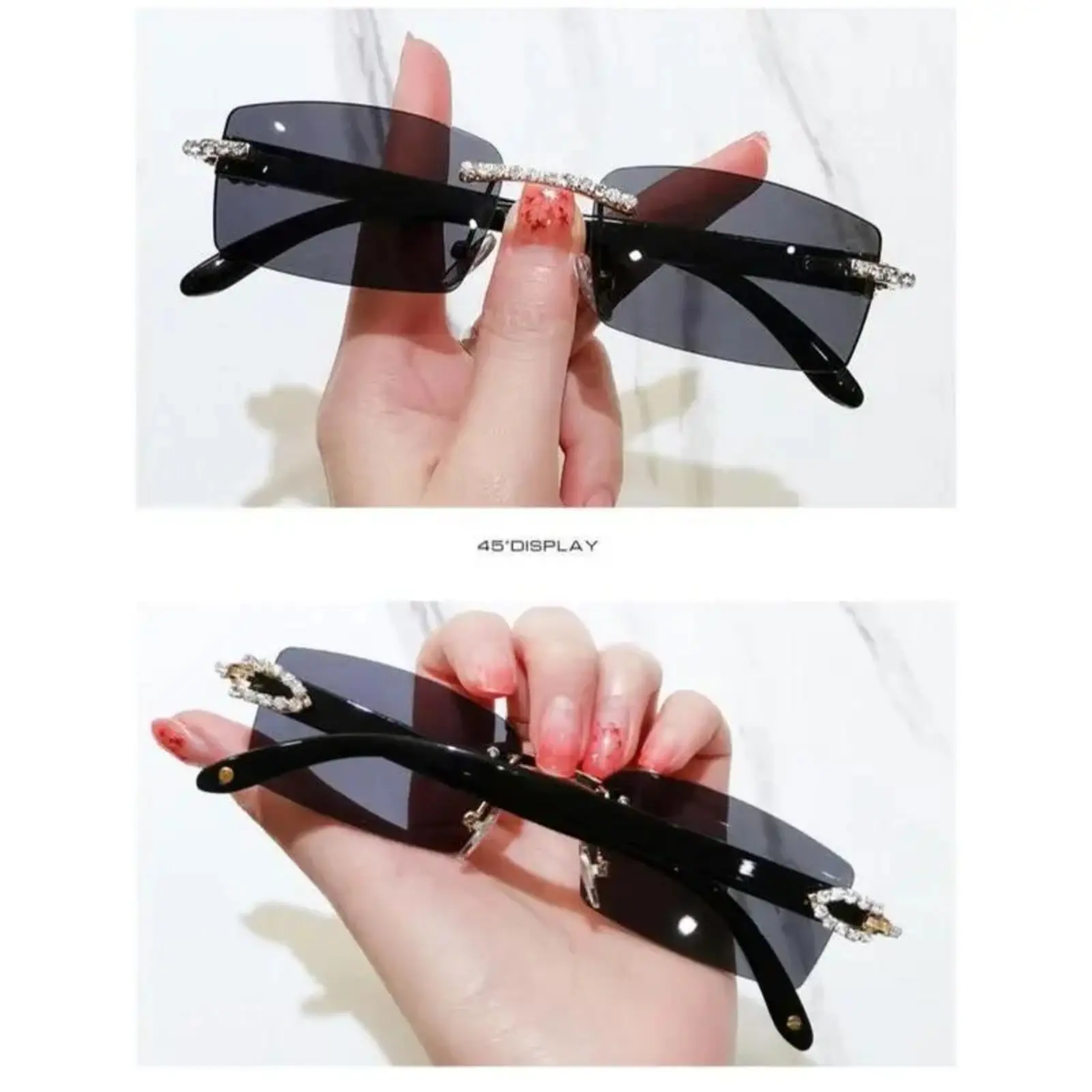 Stylish Rimless Rectangle Sunglasses for Women, Fashion Eyewear with Rhinestone Accents for Everyday Outdoor Use, Stylish Sunglasses, Womens Sunglasses, Trendy
