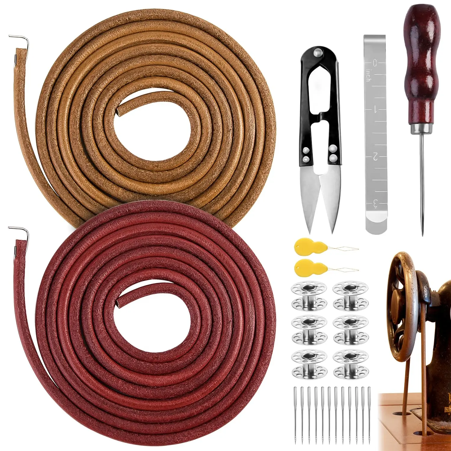 2 pcs treadle sewing machine belts, 72 inches, 3/16" replacement leather belts with hook for Singer/Jones sewing machines; total 2 pcs sewing machine leather belts with 23 accessories
