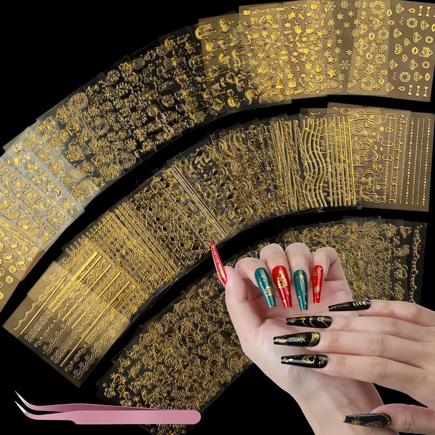50 Sheets Nail Stickers for Nail Art, Nail Decals Gold Nail Stickers for Girls Women in Fall Winter Halloween Christmas, Nail Decorations