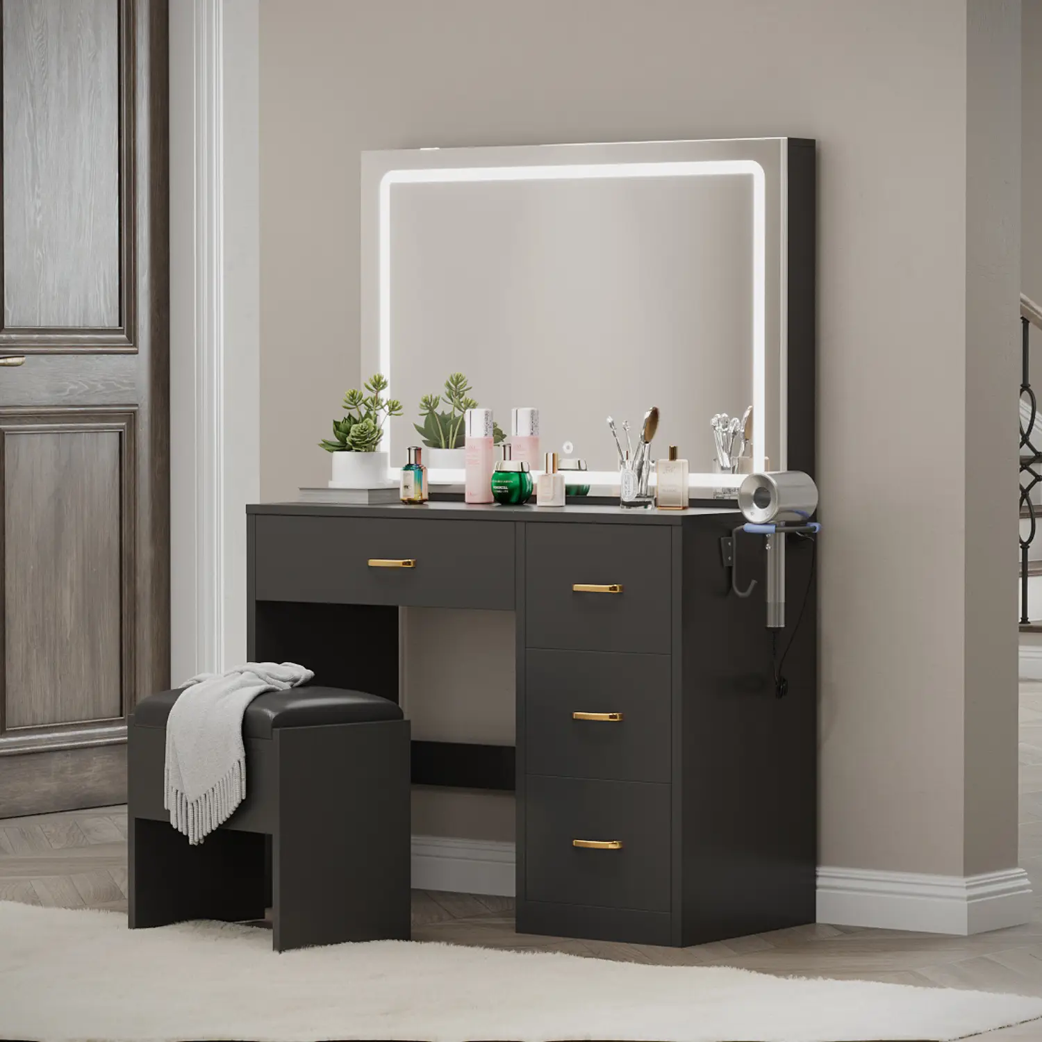 [Live Only] YITAHOME Makeup Vanity Desk with Large Lighted Mirror with Power Outlet and LED Strip, 3 Color Lighting Modes with Adjustable Brightness,