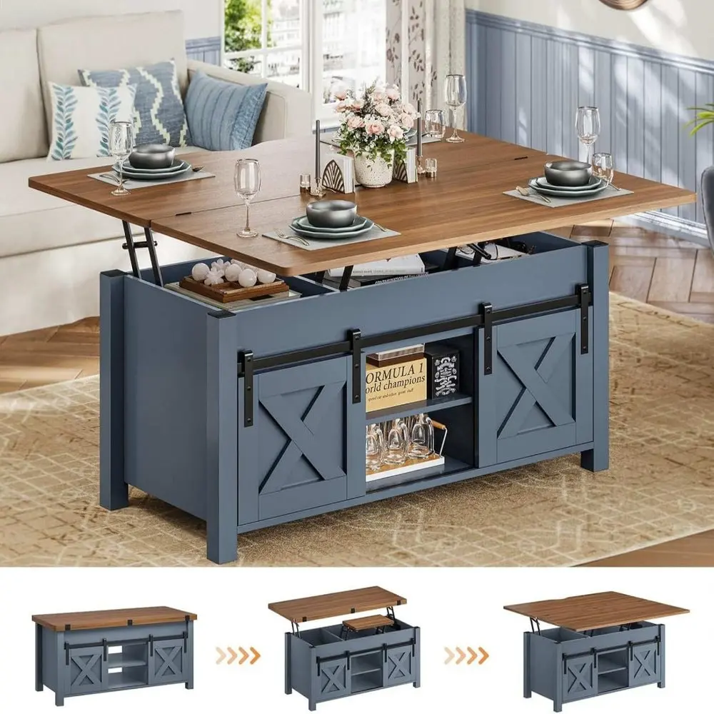 SIKAIC 4-in-1 Lift-Top Coffee Table with Barn-Style Sliding Doors, Distressed Blue Elegant Piece, Thick Base Legs, Sliding Bins and Inner Vaults, Sliding Barn Doors
