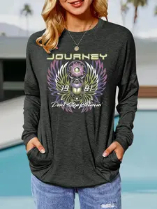 Women's Spring & Fall Rock Heritage Journey Print Pullover, Loose-Fit Long Sleeve Round Neck Top, Comfortable Casual Daily Wear