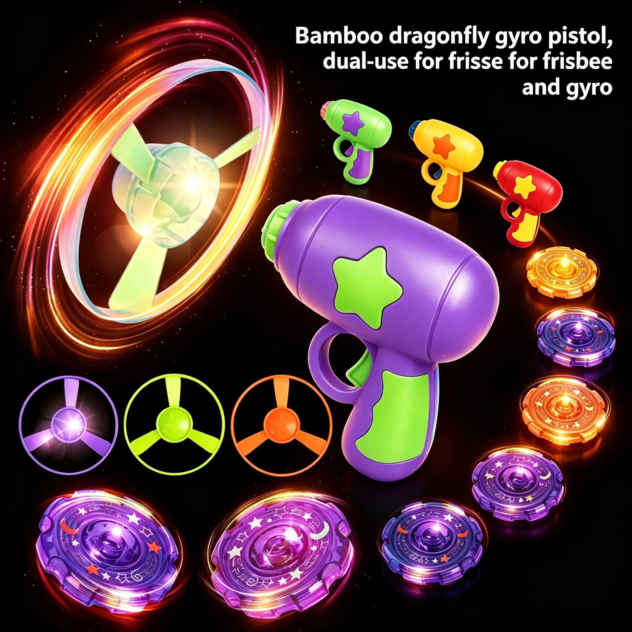 Dog LED Flashing Flying Disc Gun - Graphic, Interactive Dragonfly Shape Toy, Dual-Use Glow-in-the-Dark Helicopter Frisbee Launcher, Universal Fit Self-Moving Pet Accessory for Outdoor Exercise & Night Fetch Play