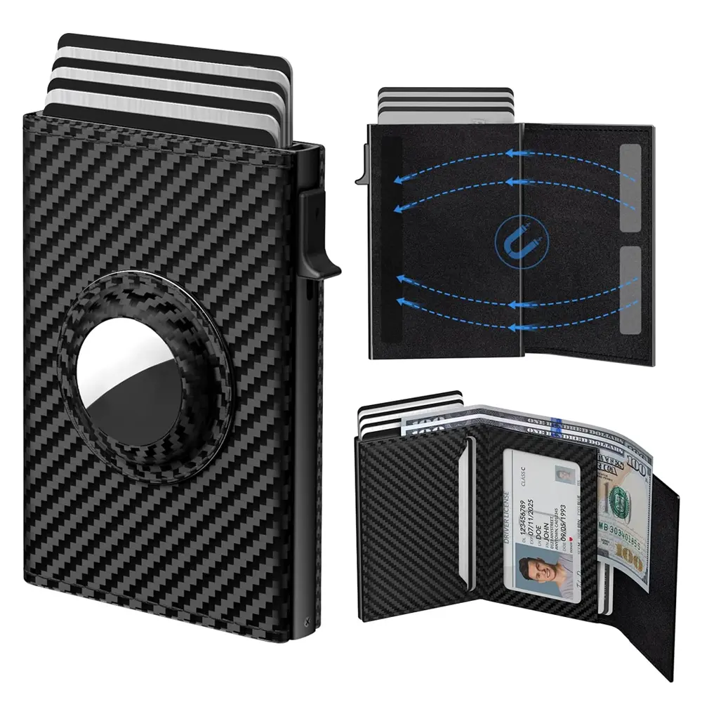 Summer Wins - Men's Smart Wallet for AirTag: Leather/Carbon Fiber, RFID, Slim (9-14 Cards), ID/Cash Slot (AIRTAG NOT INCLUDED) wallet men Business Minimalist Bifold,summerwins