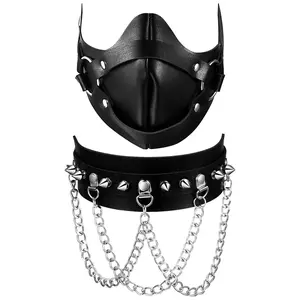 OIDEA 2-Piece Leather Tactical Mask & Chain Choker Strap Accessories Set - Punk Rivet Masquerade Mask for Halloween Cosplay summerwins,summerwins