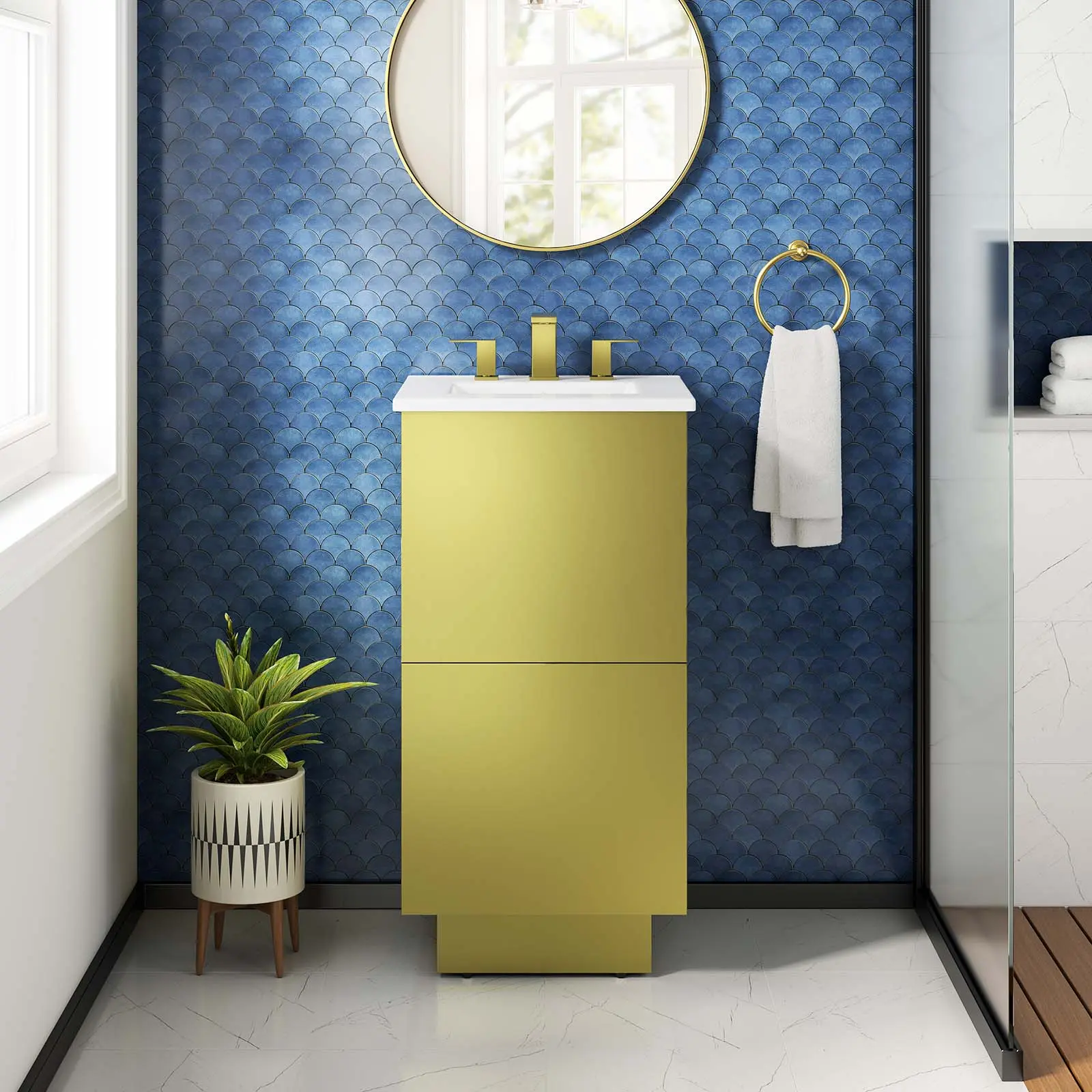 Modway Quantum 18" Modern White-Gold Finish Bathroom Vanity with Ceramic Sink Basin