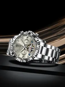 Poedagar Top Luxury Men's Date Automatic Week Men's Watch Hollow Rotating Mechanical Stainless Steel Men's Watch Skeleton Watches Stainless Steel Wristwatch