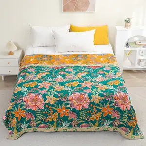 Boho Throw Blankets Reversible Luxurious Cotton Bed Throws with Vintage Bohemian Design & Yellow/Green Lightwight Floral Decor Blanket, Perfect as Bed Sofa Quilt horror blanket