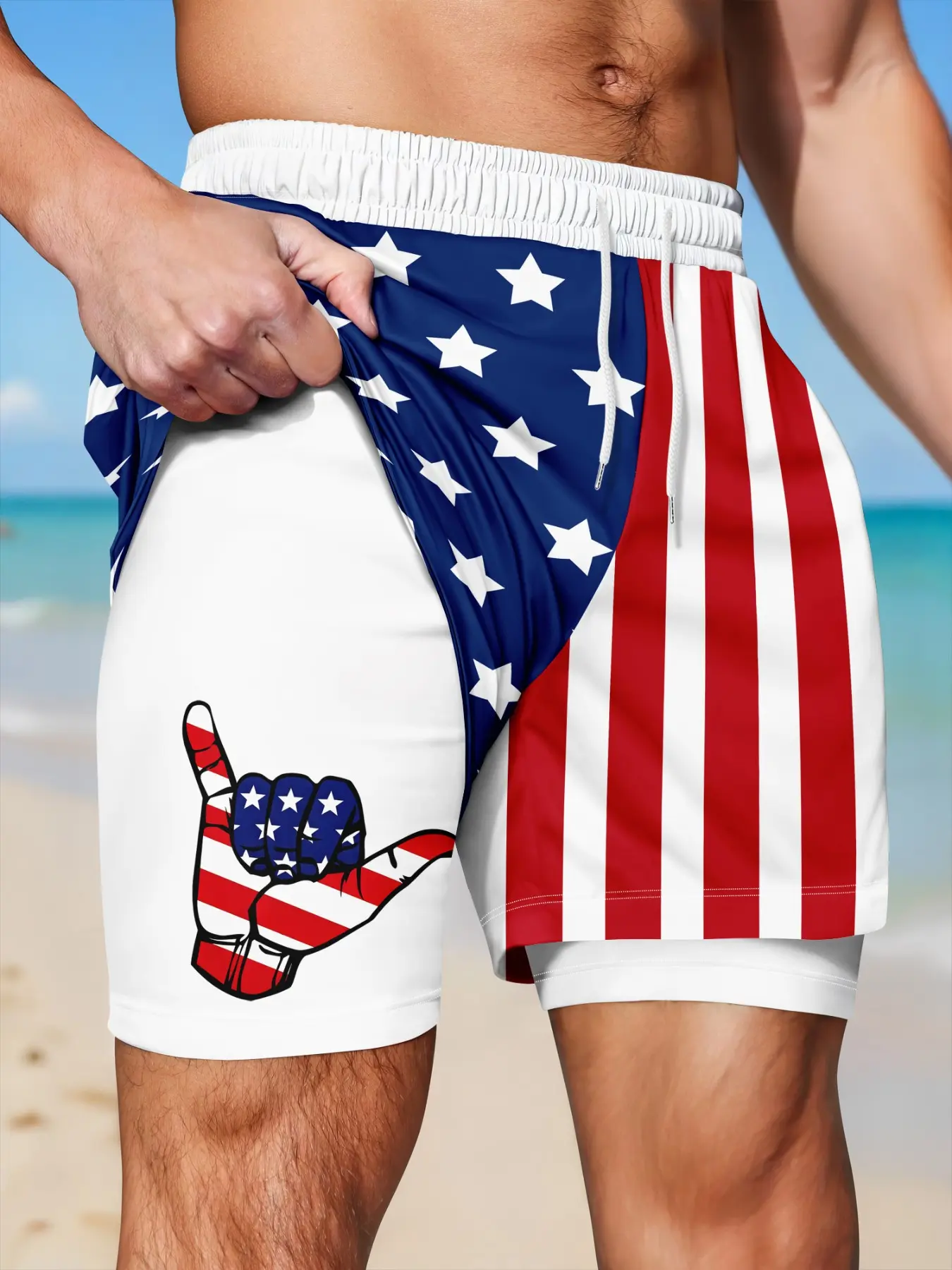 Men's American Flag Two-In-One Casual Shorts, Patriotic Liner Beach Sports Shorts, July 4th Independence Day Surfing Gym Shorts