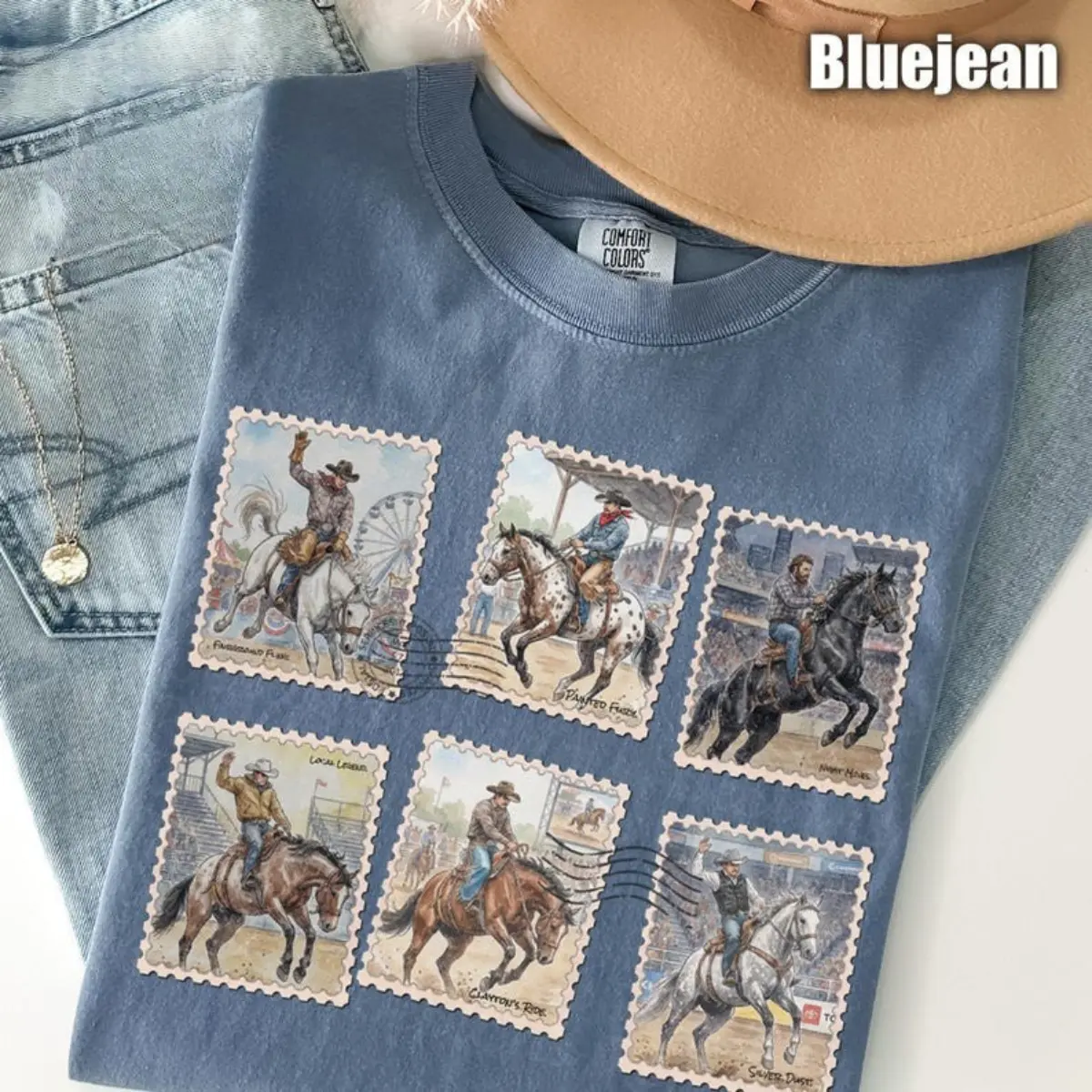 Comfort Colors Rodeo Cowboy Vintage T-shirt Postage Stamp Retro Graphic Western Horse Bucking Country Music Concert