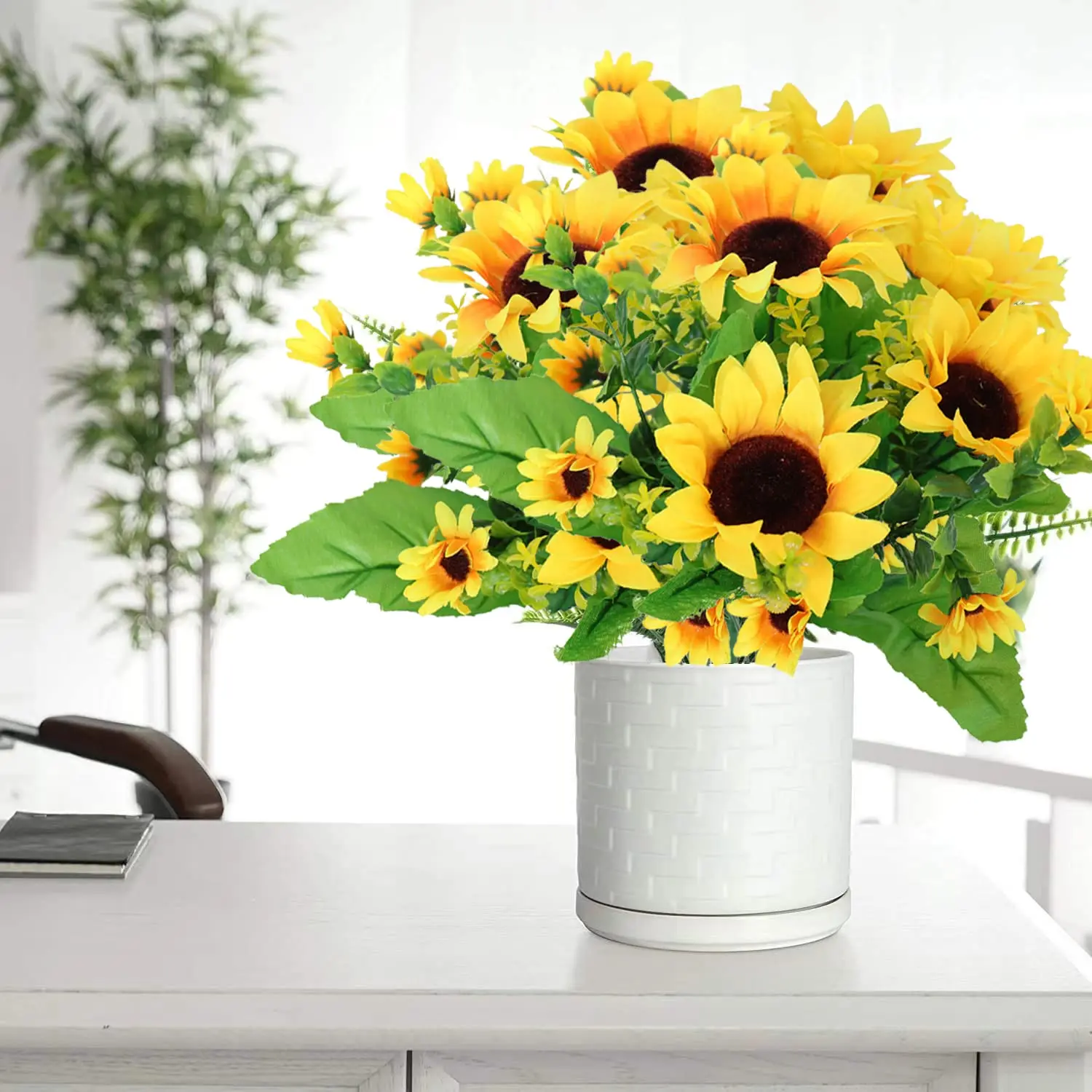12 Piece Artificial Plastic Sunflower Bouquet with Stems, Artificial Flowers, Wedding Home Kitchen Table Birthday Decoration, Indoor Outdoor Use