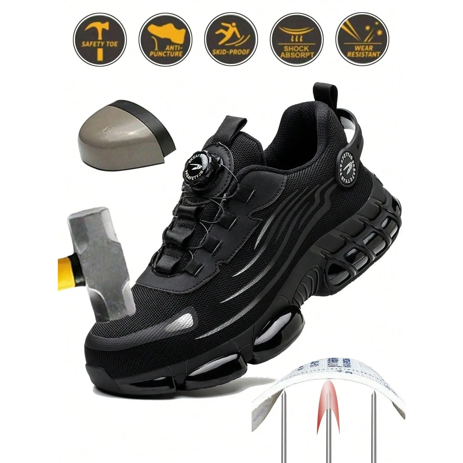 Men's Breathable Mesh Work Sneakers - Durable, Anti-Slip Safety Shoes with Steel Toe Protection, Comfort Fit for All Seasons, Casual Striped Design, Elastic Closure, Non-Slip EVA Sole Outdoorfun Fathersdaygift non slip work shoes steel toe shoes Outdoorfu