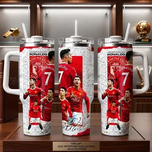 CR7 Old Trafford Cup 40oz with Handle, Red Devils Legend Tumbler, No.7 Soccer Star Travel Mug, Football Fan Gifts, Large Insulated Water Bottle, 40 oz Stainless Steel Cup with Straw, Sports Collectibles Souvenir